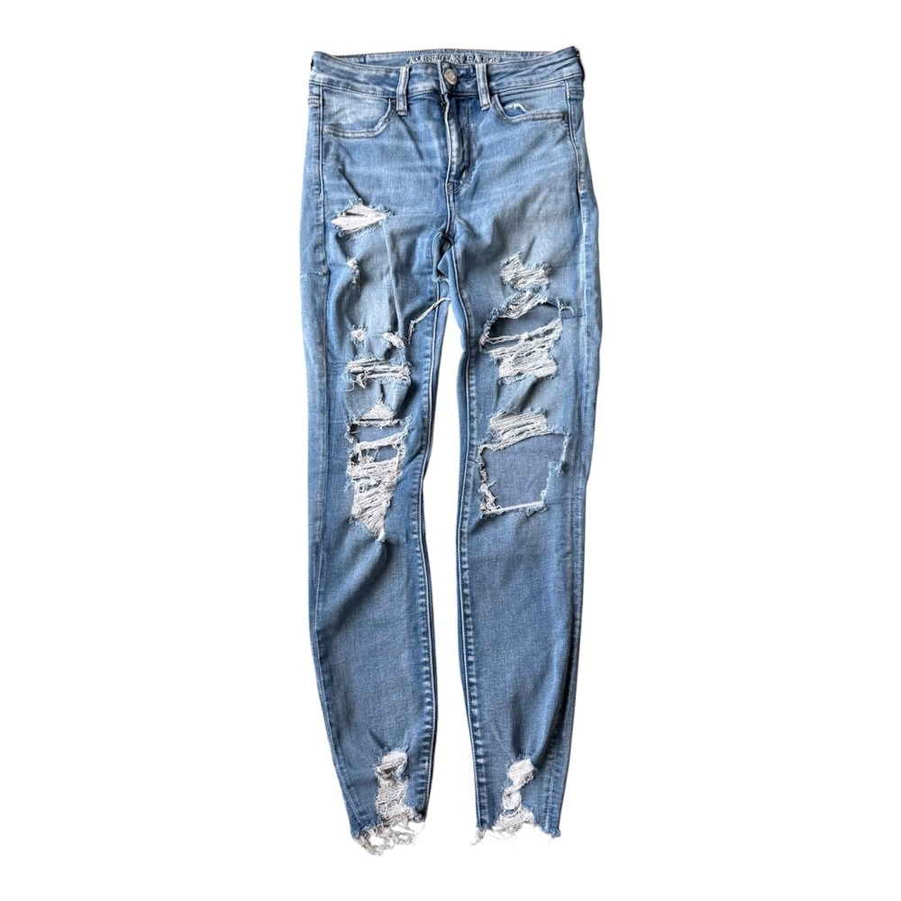 American Eagle Super Stretch X Distressed High Rise Skinny Jeans Sz 2 Light Wash